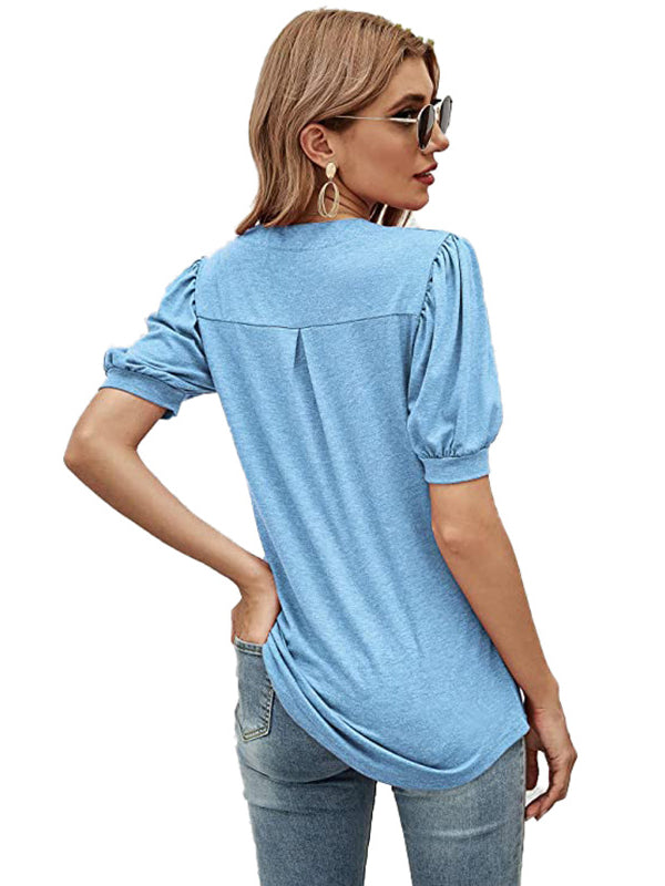 Simple Solid Color V-Neck Puff Sleeves T-Shirt Top