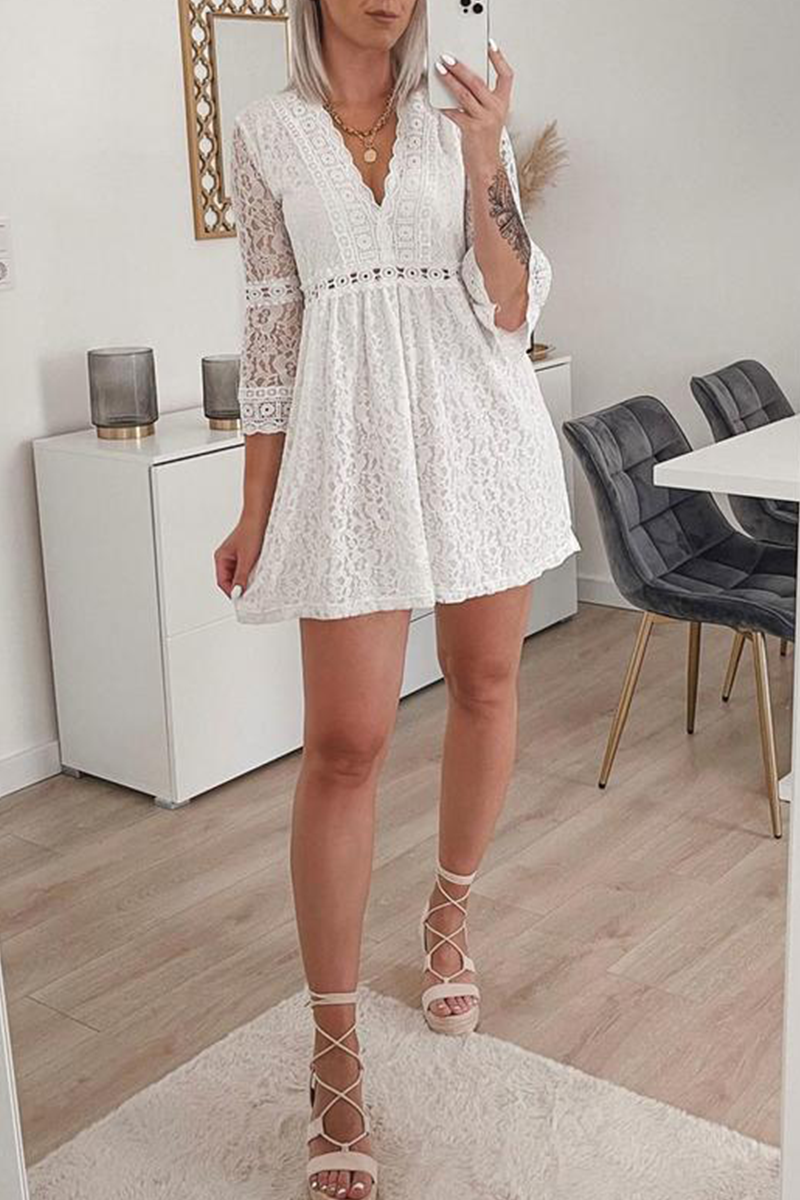 Casual Solid Lace V Neck Cake Skirt Dresses