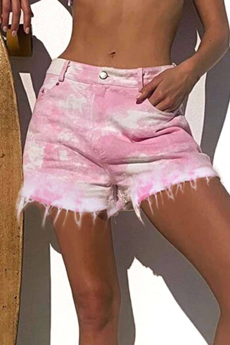 Casual Patchwork Tie-dye Mid Waist Straight Denim Shorts