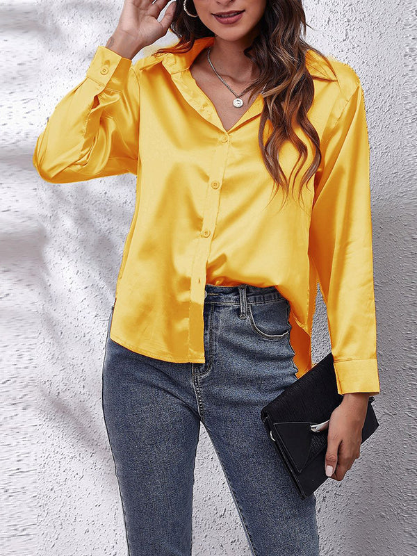 Long Sleeves Loose Solid Color Lapel Blouses