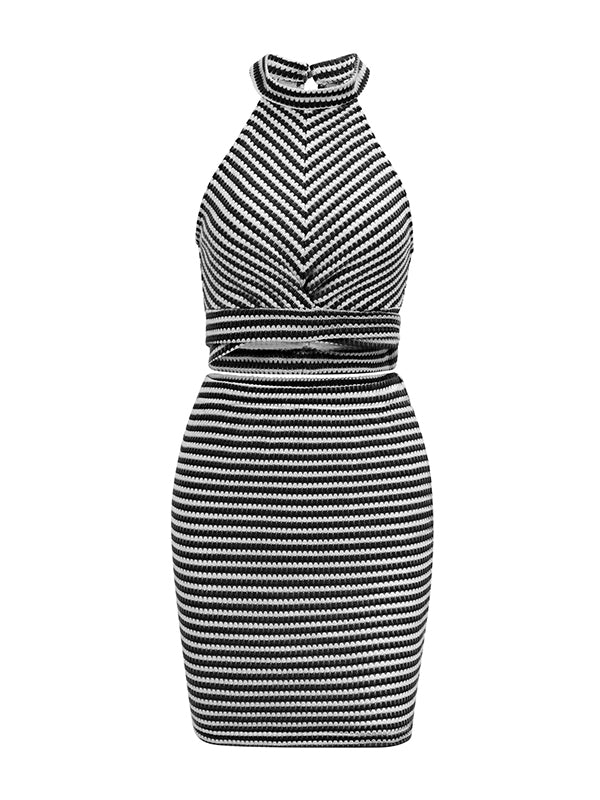 Bodycon Sleeveless Split-Joint Striped Tied Waist Halter-Neck Vest Top + Skirts Bottom Two Pieces Set