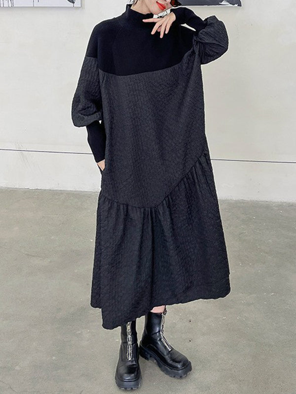 A-Line Long Sleeves Asymmetric Solid Color Split-Joint High-Neck Midi Dresses Sweater Dresses