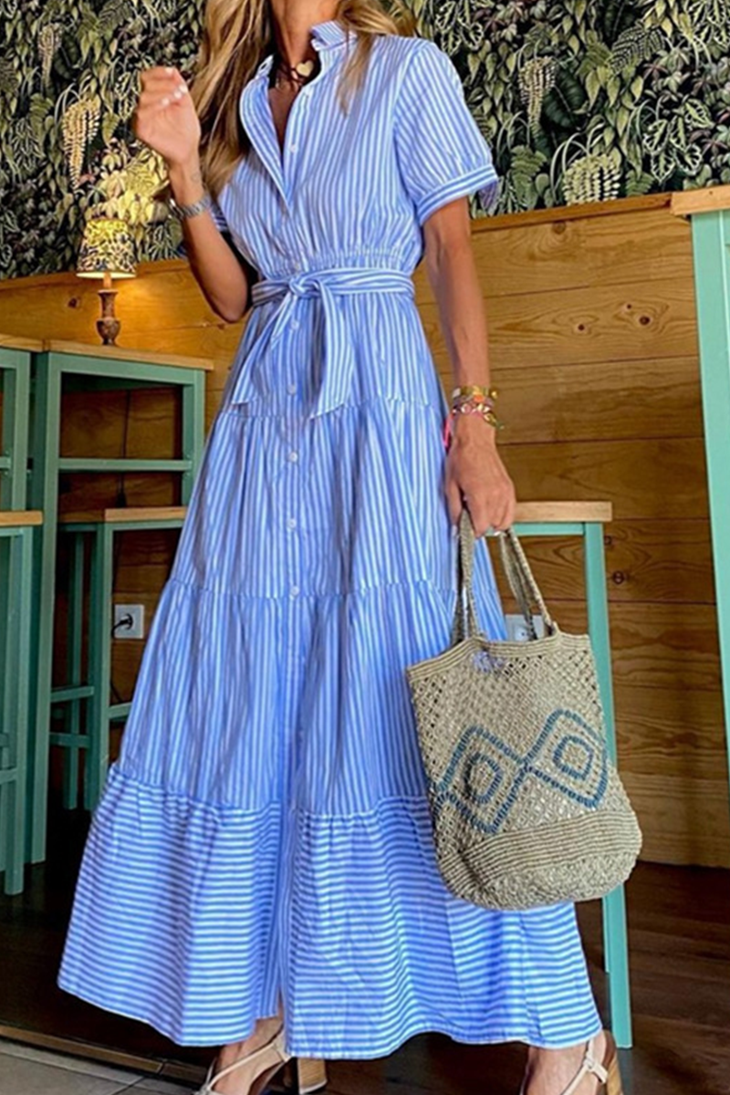 Casual Striped Patchwork Turndown Collar Cake Skirt Dresses