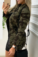 Fashion Camouflage Print Patchwork Turndown Collar Long Sleeve Regular Denim Jacket