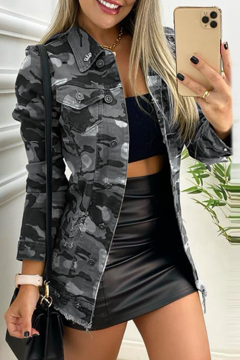 Fashion Camouflage Print Patchwork Turndown Collar Long Sleeve Regular Denim Jacket