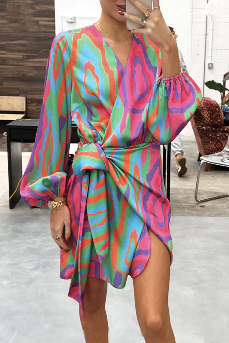 Casual Print Patchwork V Neck Irregular Dress Dresses