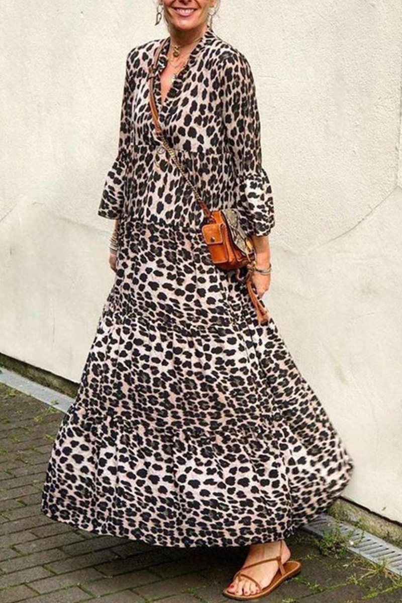 Casual Leopard Patchwork V Neck Cake Skirt Dresses