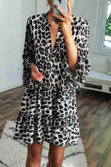 Casual Leopard Patchwork V Neck Cake Skirt Dresses