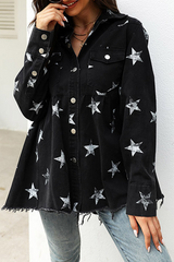 Casual The stars Tassel Buckle Turndown Collar Long Sleeve Denim Jacket