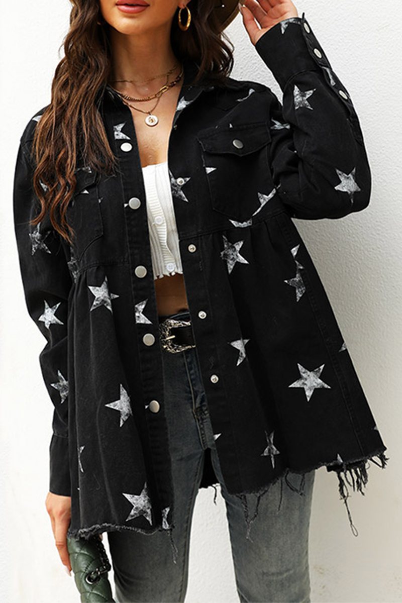 Casual The stars Tassel Buckle Turndown Collar Long Sleeve Denim Jacket