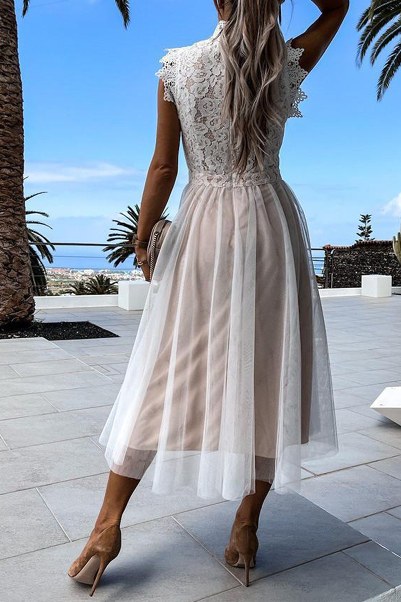 Casual Solid Lace Half A Turtleneck Mesh Dress Dresses