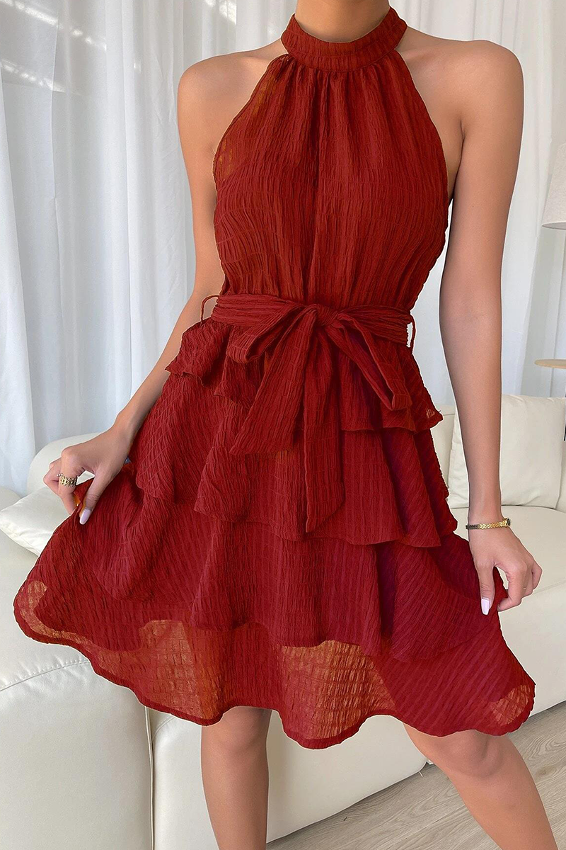 Casual Solid Patchwork Halter Cake Skirt Dresses