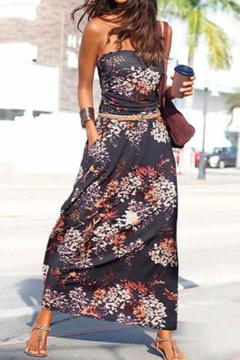 Fashion Print Strapless Waist Skirt Dresses(3 Colors)