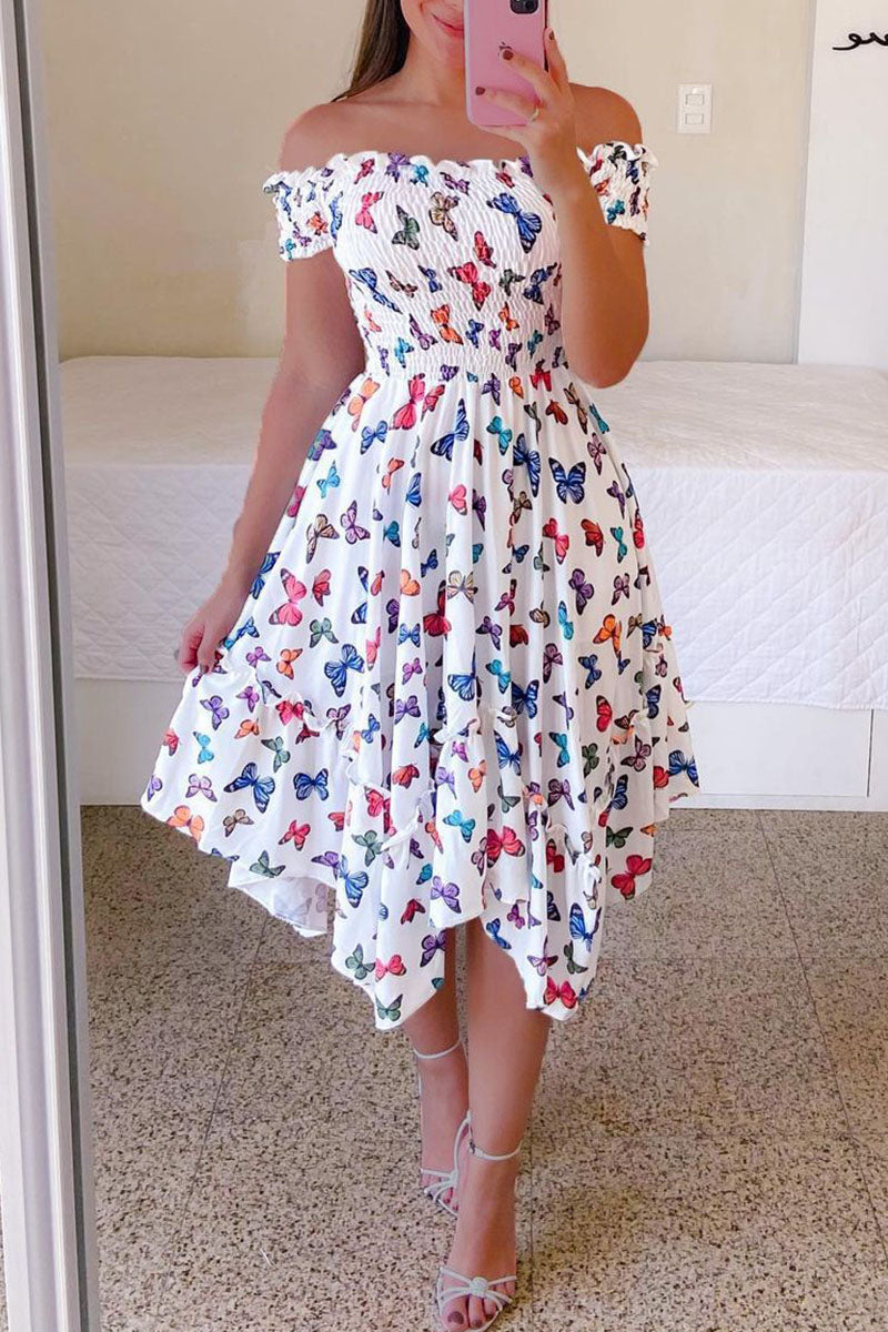 Casual Sweet Print Patchwork Fold Asymmetrical Off the Shoulder Irregular Dress Dresses