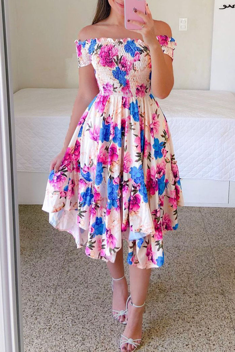 Casual Sweet Print Patchwork Fold Asymmetrical Off the Shoulder Irregular Dress Dresses