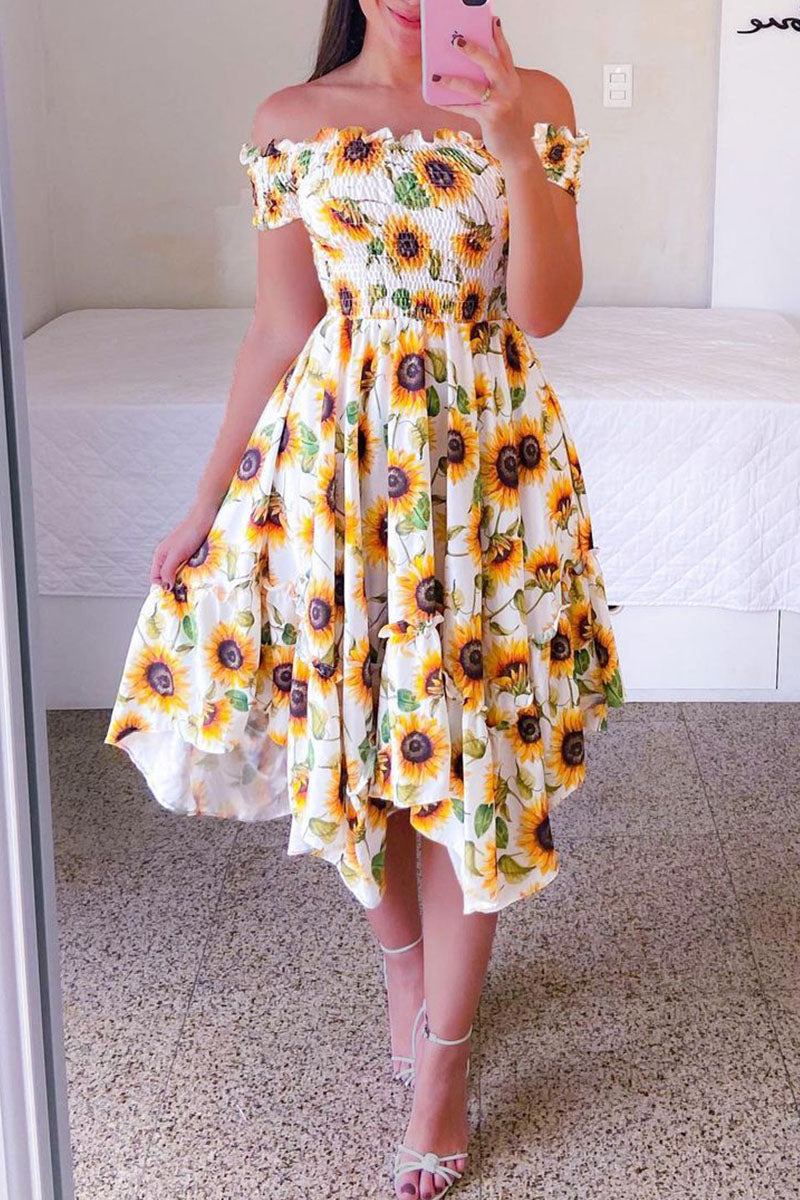 Casual Sweet Print Patchwork Fold Asymmetrical Off the Shoulder Irregular Dress Dresses