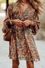 Casual Print Split Joint V Neck Waist Skirt Dresses