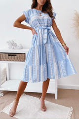 Casual Print Split Joint O Neck Waist Skirt Dresses