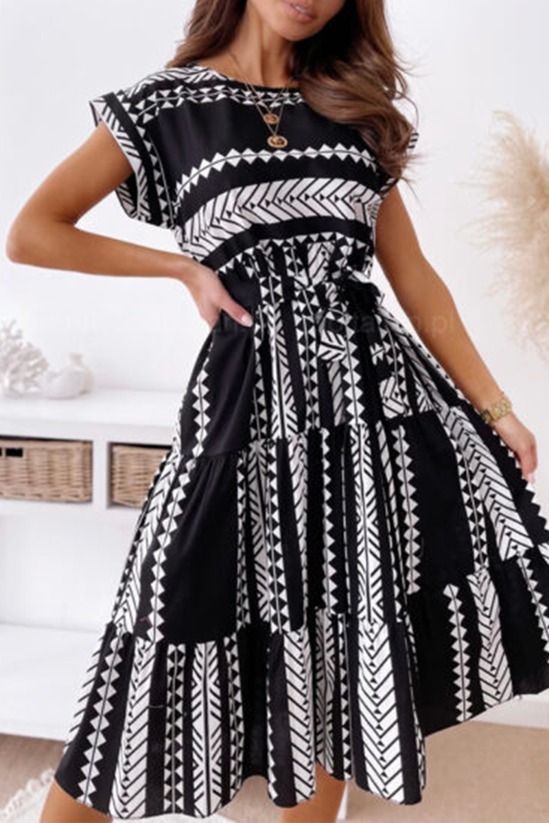 Casual Print Split Joint O Neck Waist Skirt Dresses