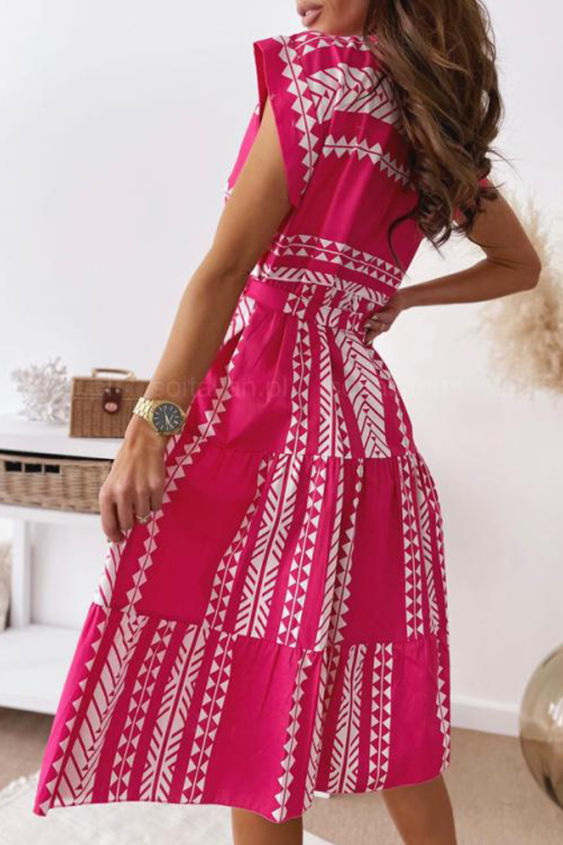 Casual Print Split Joint O Neck Waist Skirt Dresses