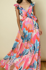 Fashion Print Flounce V Neck Cake Skirt Dresses