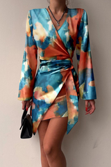 Fashion Patchwork Tie-dye V Neck Pencil Skirt Dresses(3 Colors)