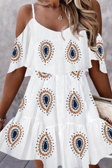 Fashion Print Split Joint Spaghetti Strap Cake Skirt Dresses