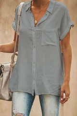 Casual Solid Turndown Collar Tops(4 Colors)