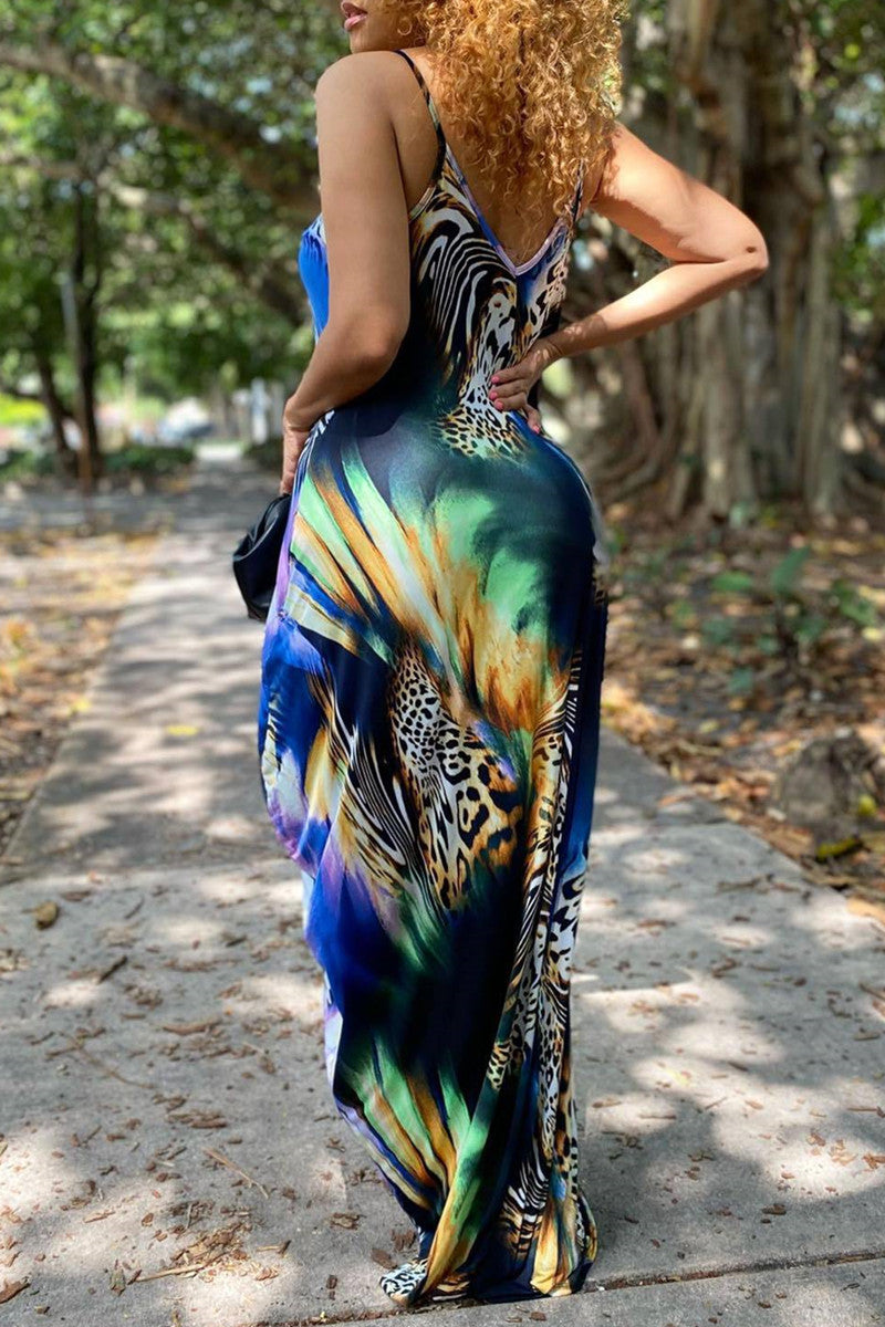 Fashion Sexy Print Backless Spaghetti Strap Long Dress