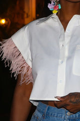 Casual Solid Patchwork Buckle Feathers Turndown Collar Tops