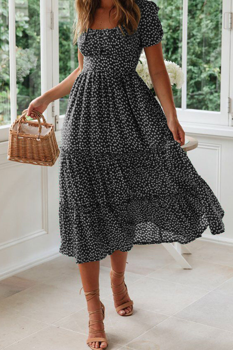 Fashion Dot Patchwork Square Collar Cake Skirt Dresses(8 Colors)