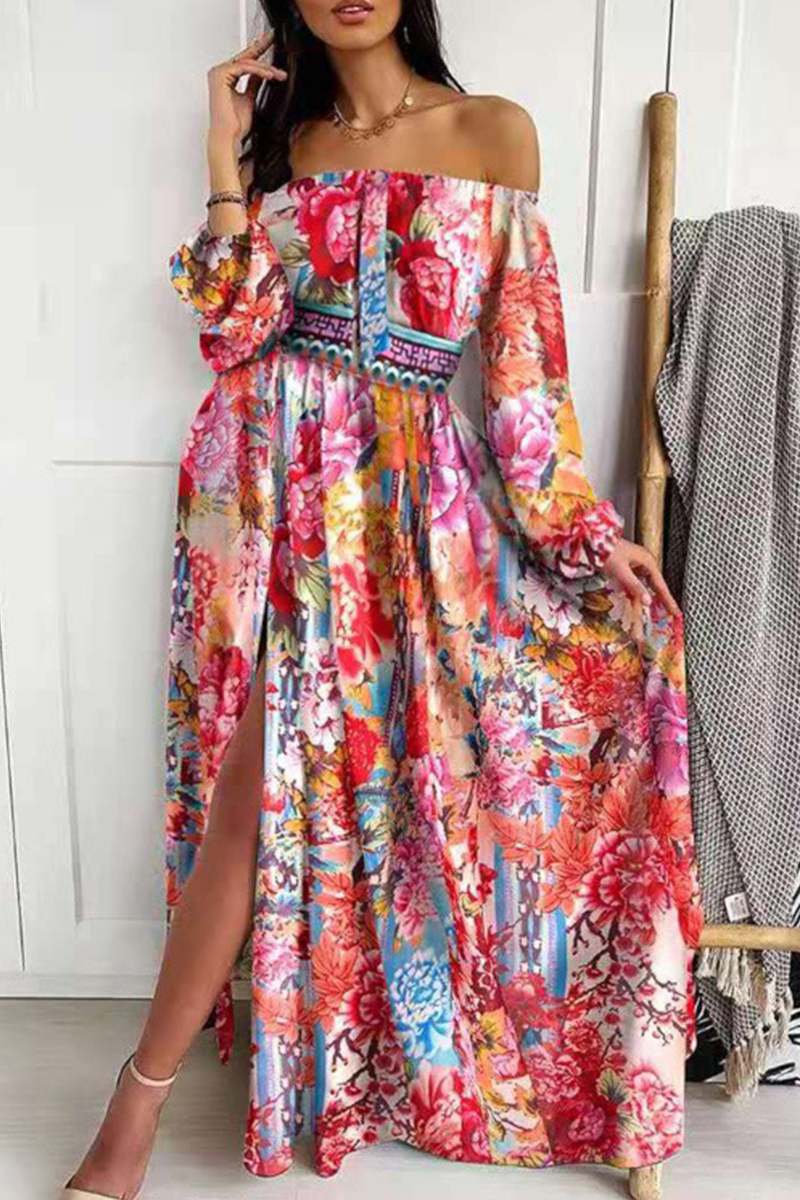 Fashion Print Off the Shoulder Waist Skirt Dresses(4 Colors)