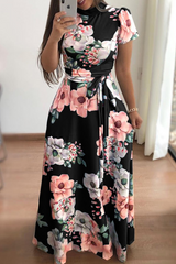 Casual Print Half A Turtleneck Waist Skirt Dresses(3 Colors)