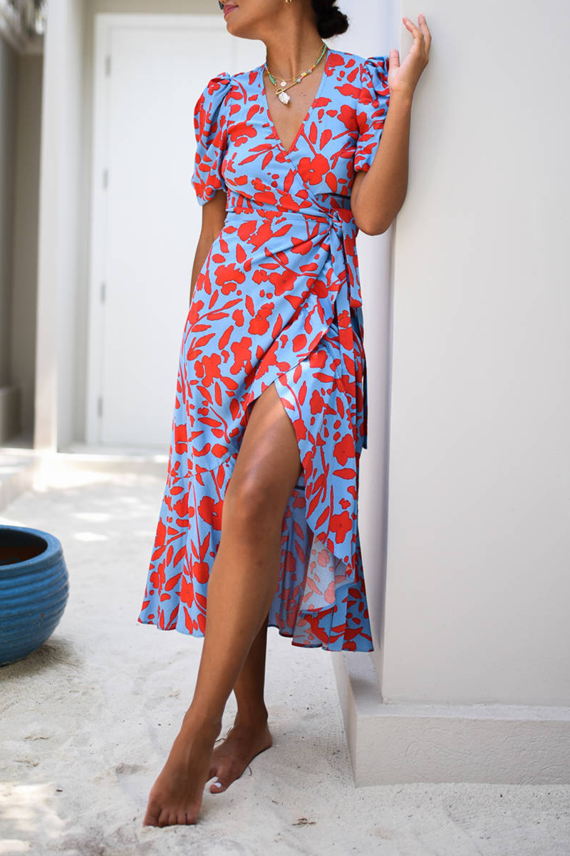 Casual Print Flounce V Neck Irregular Dress Dresses