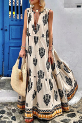 Fashion Print V Neck Cake Skirt Dresses(3 Colors)