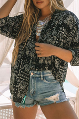 Casual Print Turndown Collar Tops