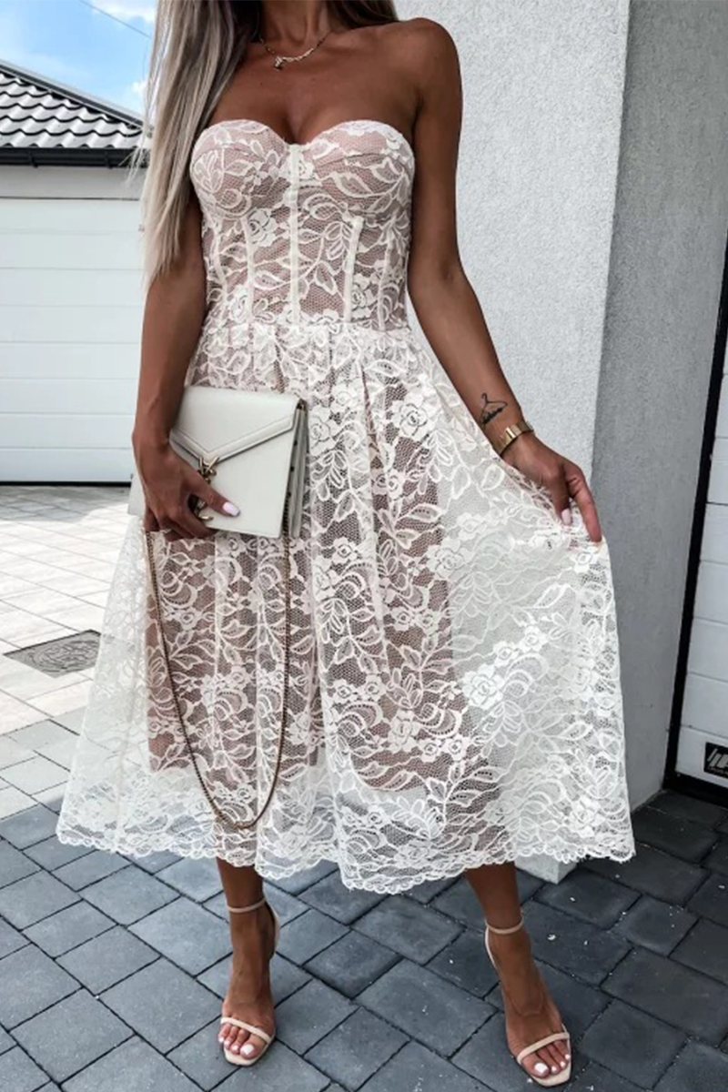 Sexy Solid Lace Strapless Cake Skirt Dresses