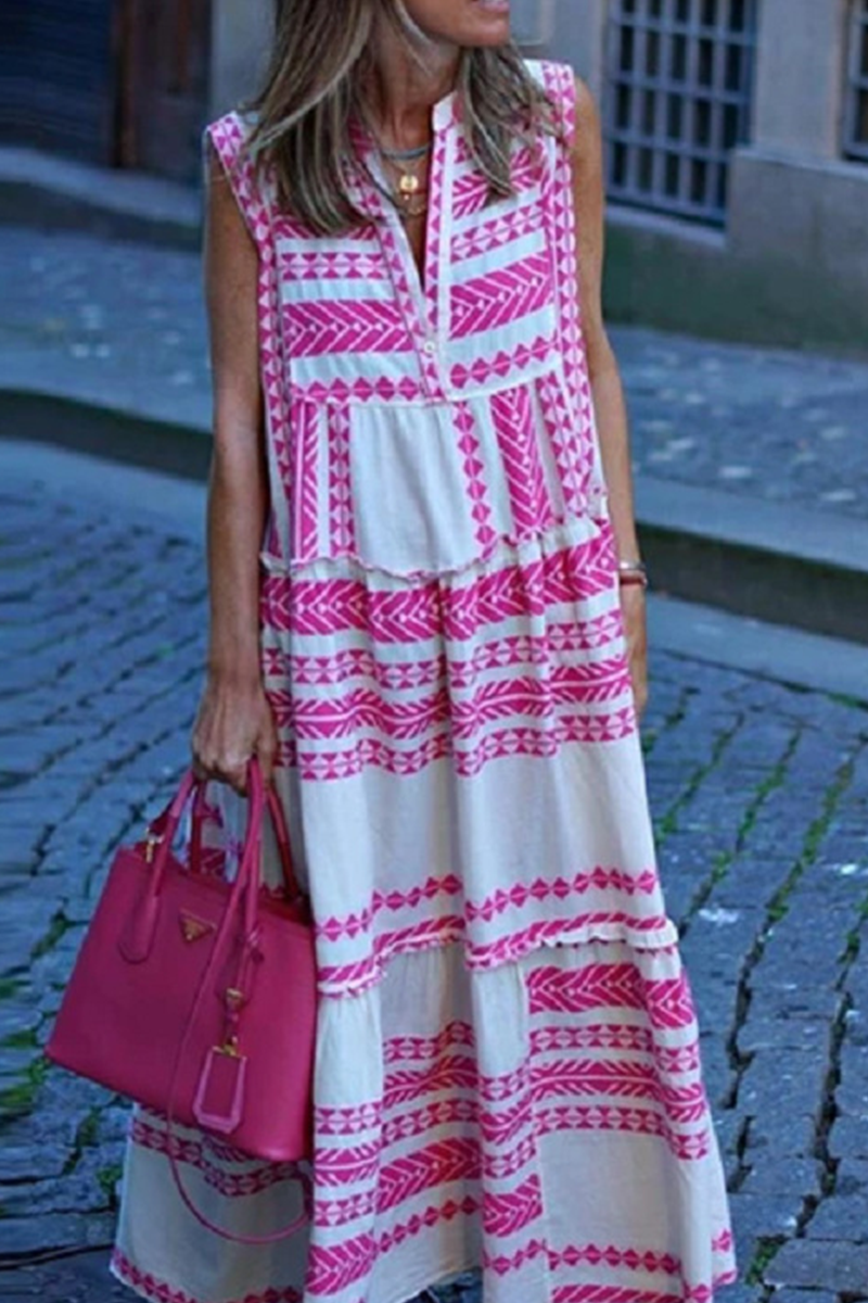 Casual Print V Neck Cake Skirt Dresses