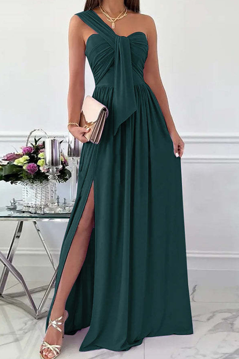 Fashion Sexy Solid Backless Slit One Shoulder Evening Dress Dresses(7 Colors)