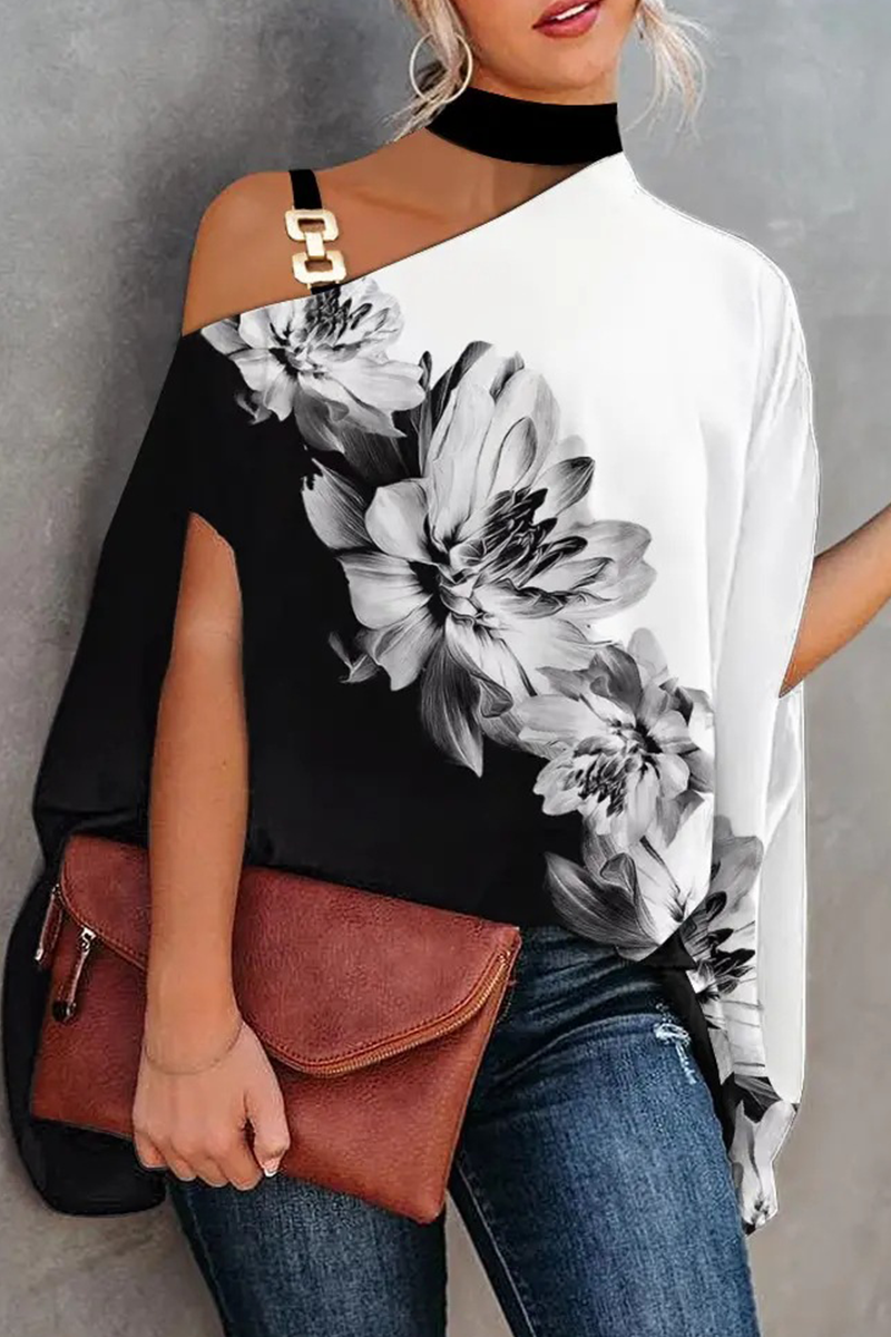 Fashion Print Patchwork One Shoulder Blouses(5 Colors)