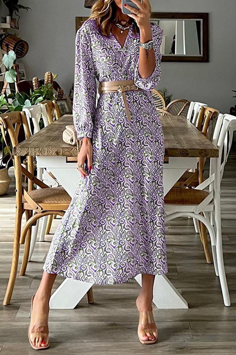 Fashion Print Patchwork V Neck Waist Skirt Dresses