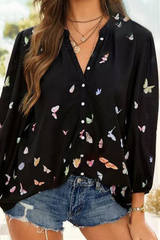 Casual Print Draw String V Neck Tops