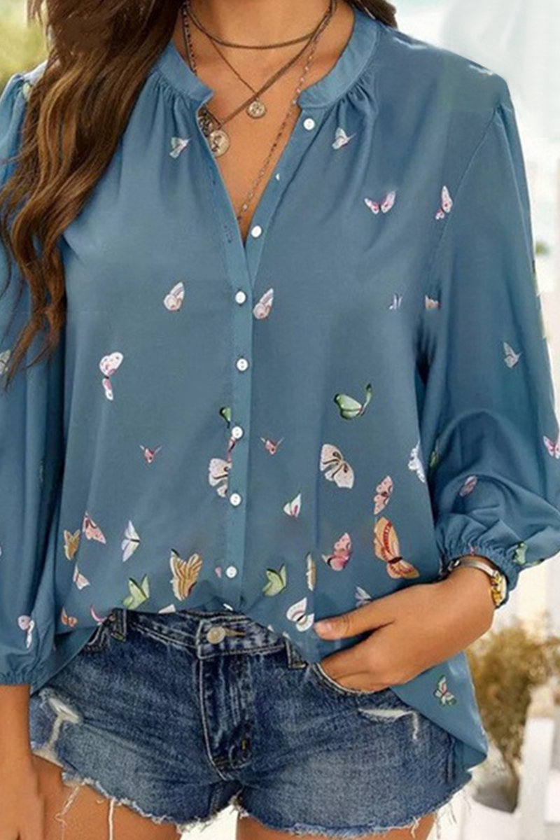 Casual Print Draw String V Neck Tops