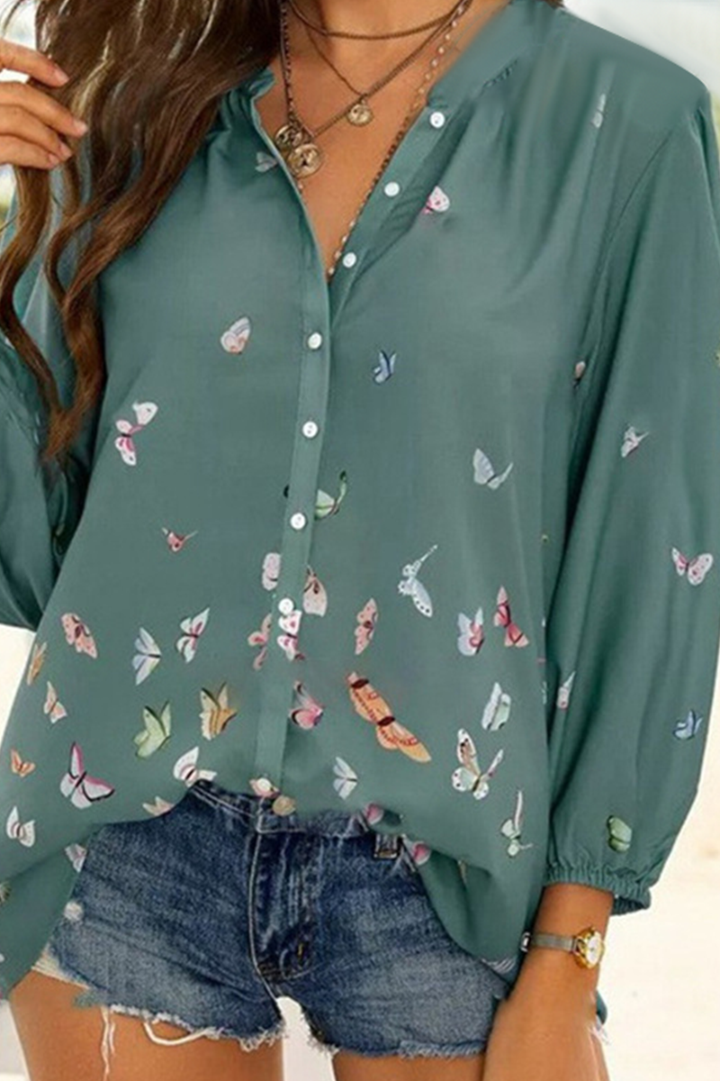 Casual Print Draw String V Neck Tops