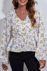 Casual Print Flounce V Neck Tops