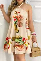 Casual Print Bandage Backless Halter Sleeveless Dress Dresses(7 Colors)