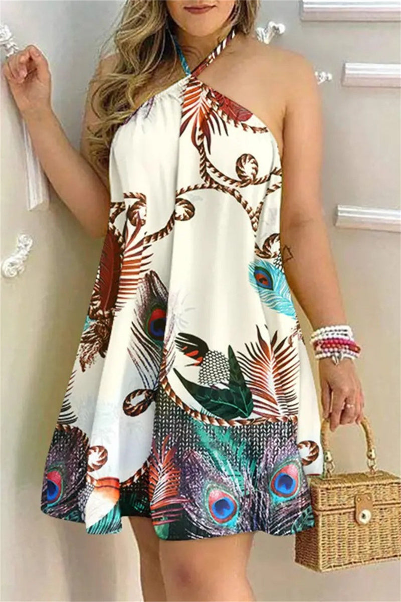 Casual Print Bandage Backless Halter Sleeveless Dress Dresses(7 Colors)