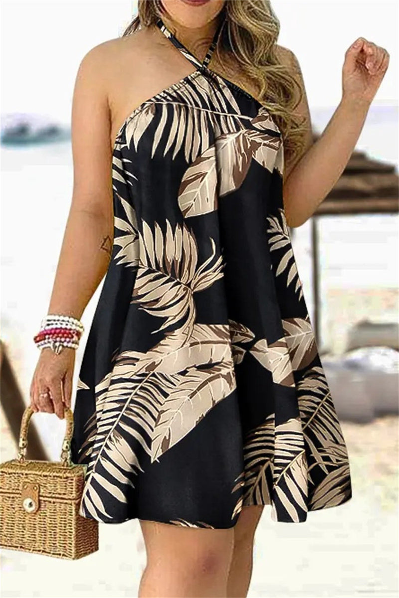 Casual Print Bandage Backless Halter Sleeveless Dress Dresses(7 Colors)