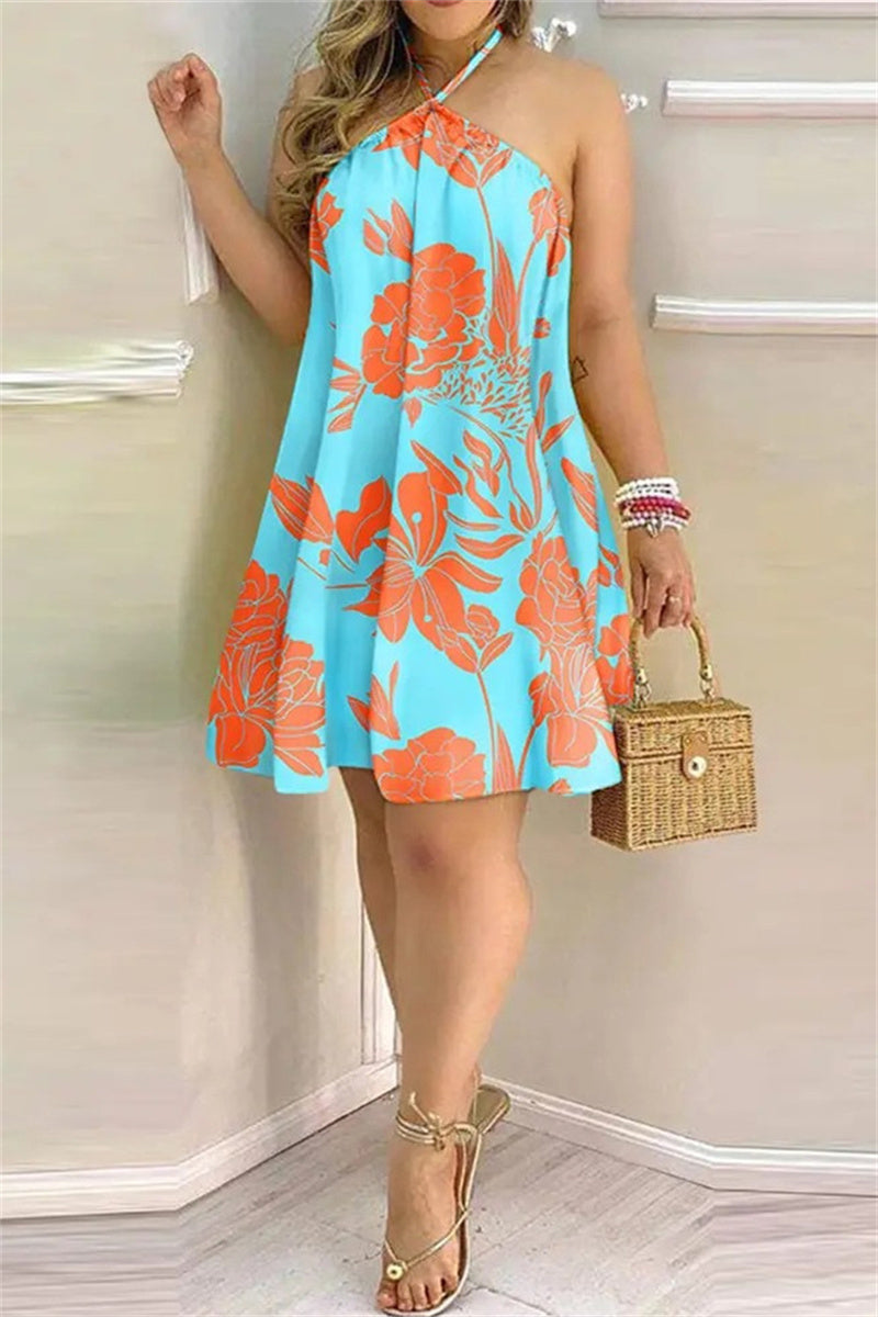 Casual Print Bandage Backless Halter Sleeveless Dress Dresses(7 Colors)