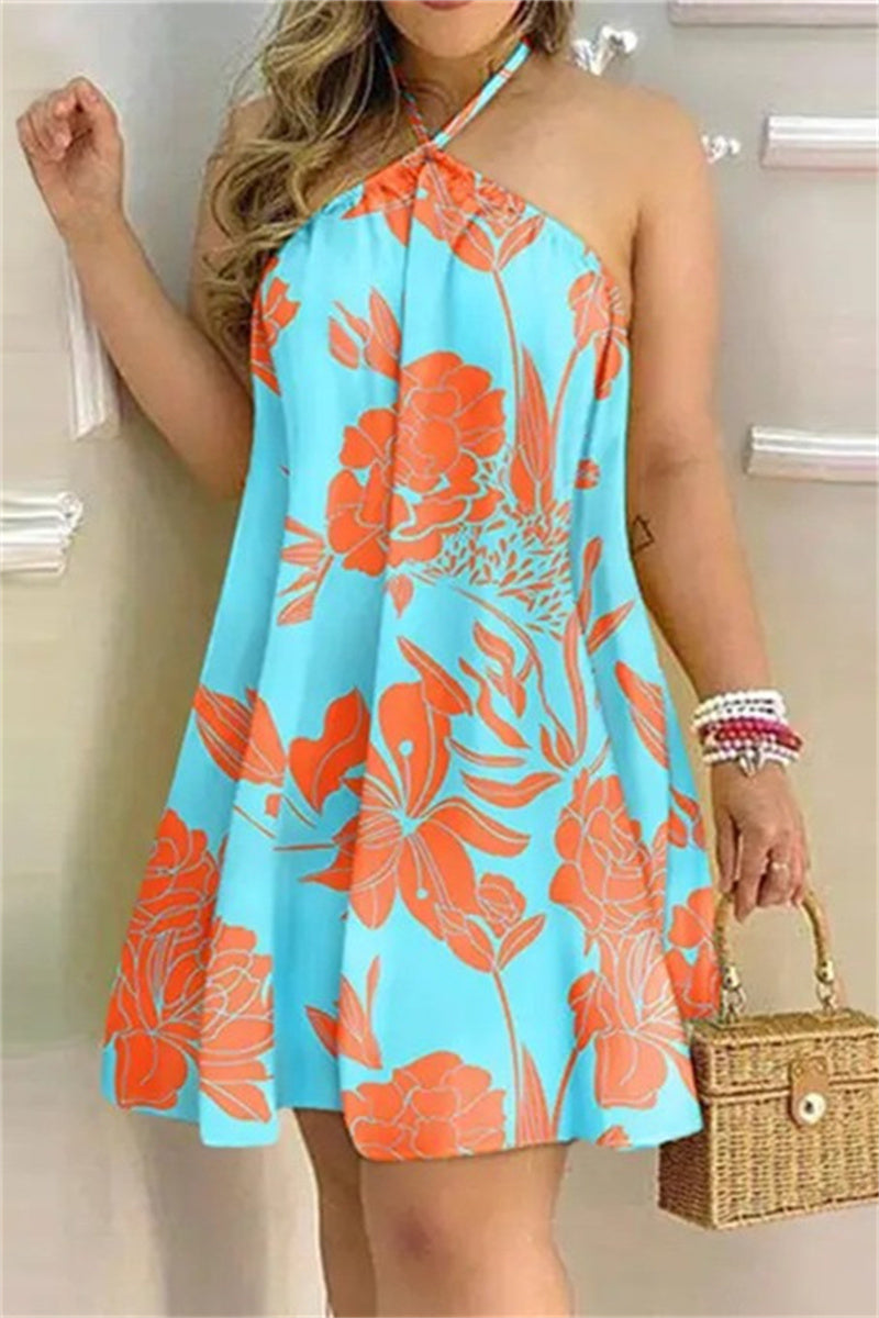 Casual Print Bandage Backless Halter Sleeveless Dress Dresses(7 Colors)